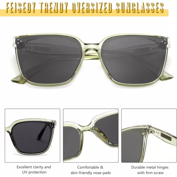 FEISEDY Women Trendy Square Sunglasses Oversized Vintage Cute Classic Simple Men Sun Glasses UV400 B0118Transparent Green Frame  Grey Lens