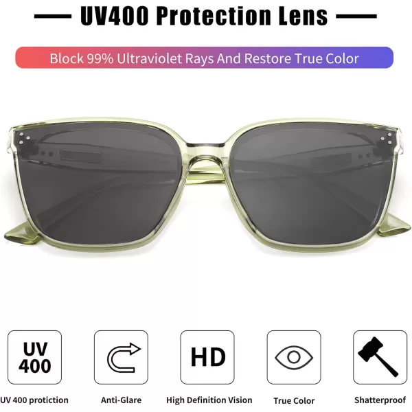 FEISEDY Women Trendy Square Sunglasses Oversized Vintage Cute Classic Simple Men Sun Glasses UV400 B0118Transparent Green Frame  Grey Lens