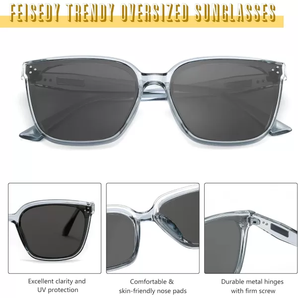 FEISEDY Women Trendy Square Sunglasses Oversized Vintage Cute Classic Simple Men Sun Glasses UV400 B0118Transparent Grey Frame  Grey Lens