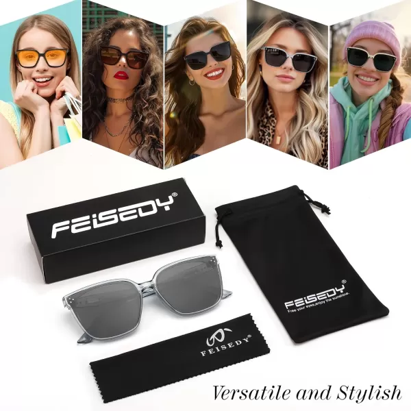 FEISEDY Women Trendy Square Sunglasses Oversized Vintage Cute Classic Simple Men Sun Glasses UV400 B0118Transparent Grey Frame  Grey Lens