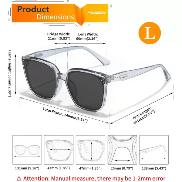 FEISEDY Women Trendy Square Sunglasses Oversized Vintage Cute Classic Simple Men Sun Glasses UV400 B0118Transparent Grey Frame  Grey Lens