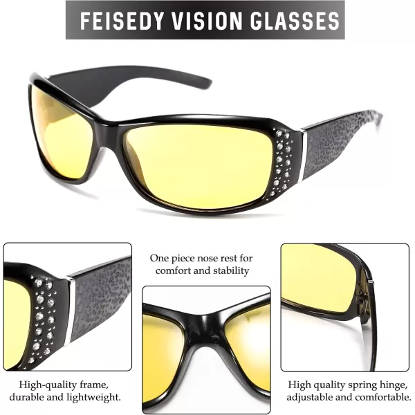 FEISEDY Women Yellow Sunglasses Wrap Around Anti Glare Driving Night Glasses B2547Black