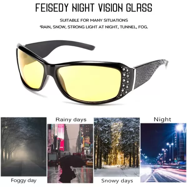 FEISEDY Women Yellow Sunglasses Wrap Around Anti Glare Driving Night Glasses B2547Black