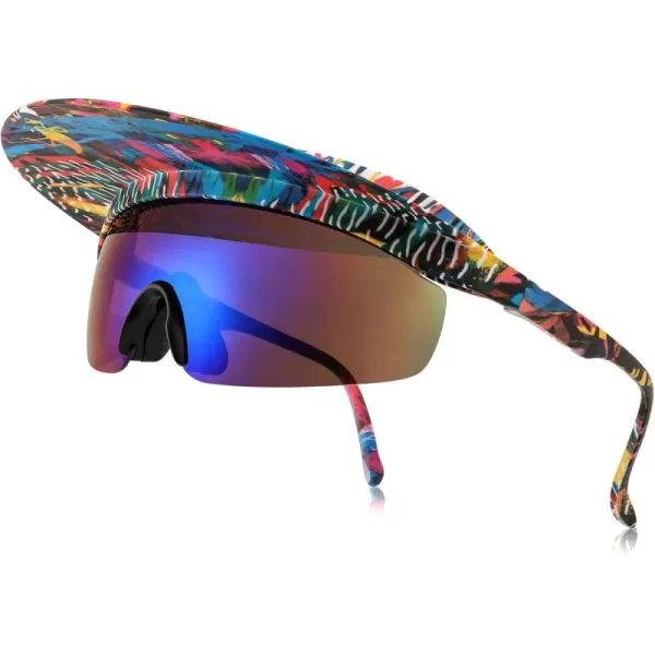 FEISEDY Cycling Sports Sunglasses Visor Protective Sun Glasses for Men Women Hip Hop Graffiti Frame B9063Yellow Pattern Frame  Blue Mirrored Lens