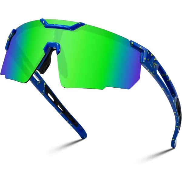 FEISEDY Cycling Sunglasses for Women Men 80s Sport Sun Glasses Baseball Running Softball with Youth Teens Shades B9146Blue Frame Mirror Green