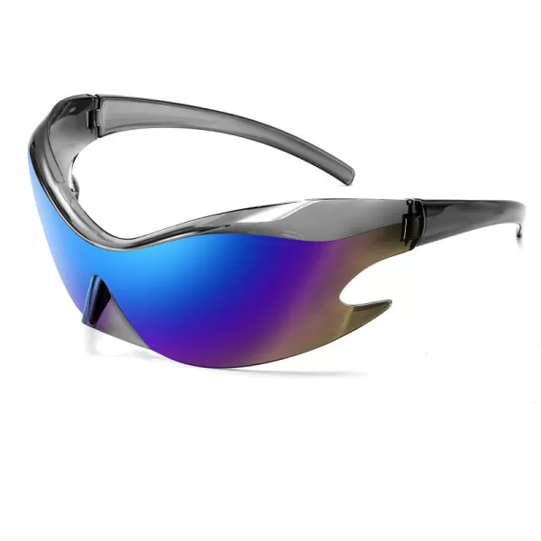 FEISEDY Futuristic Sunglasses Fashion Alien Y2K Wrap Around for Women Men B4135Blue Mirror