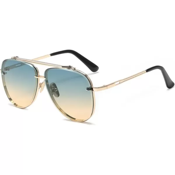 FEISEDY Oversized Aviator Sunglasses for Men Women Vintage Sun Glasses Metal Frame Gradient Shades B0105Gold FrameGradient Blue Lens