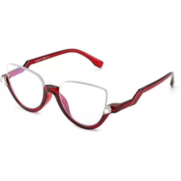 FEISEDY Reading Glasses for Women Fashion Half Frame Cat Eye Glasses Anti Glare Eyeglasses B0067Red