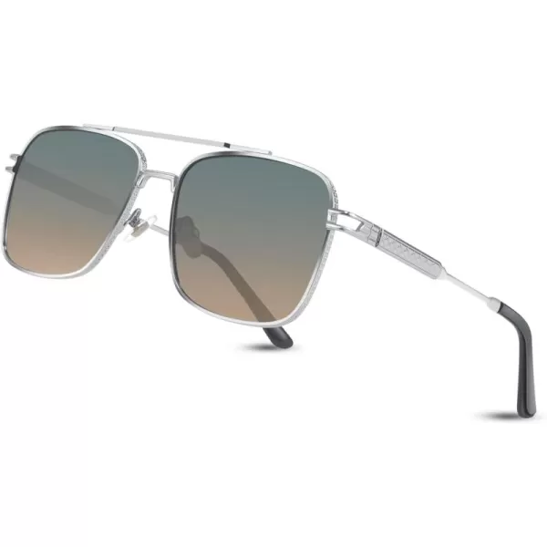 FEISEDY Retro Square Aviator Sunglasses for Men Women Vintage 70s Pilot Shades Classic Metal Frame B2845Blue Yellow Lens Silver Metal Frame