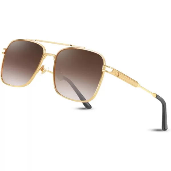 FEISEDY Retro Square Aviator Sunglasses for Men Women Vintage 70s Pilot Shades Classic Metal Frame B2845Gradient Tea Lens Golden Metal Frame