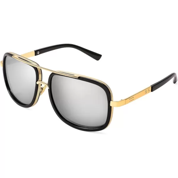 FEISEDY Retro Trendy Aviator Sunglasses Women Men Classic Vintage Square Sunglasses 70s Large Metal Shades B2321003 Gold FrameWhite Mirrored Lens