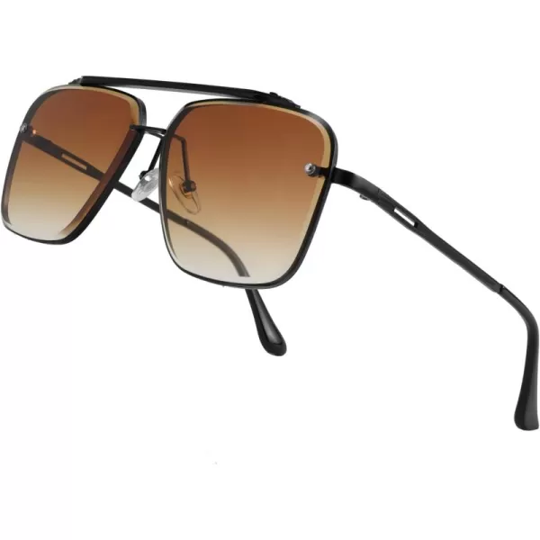 FEISEDY Sunglasses Fashion Square Pilot Sunglasses Vintage Metal Gradient Glasses for Men and Women B4104Black FrameGradient Brown Lens