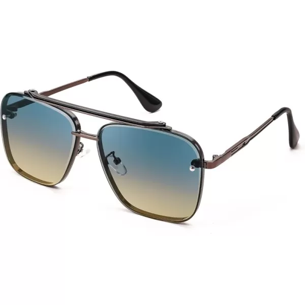 FEISEDY Sunglasses Fashion Square Pilot Sunglasses Vintage Metal Gradient Glasses for Men and Women B4104Bronze FrameBlue Yellow Lens