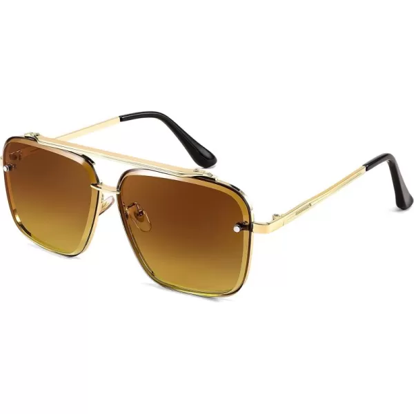 FEISEDY Sunglasses Fashion Square Pilot Sunglasses Vintage Metal Gradient Glasses for Men and Women B4104Gold FrameGradient Tea Lens