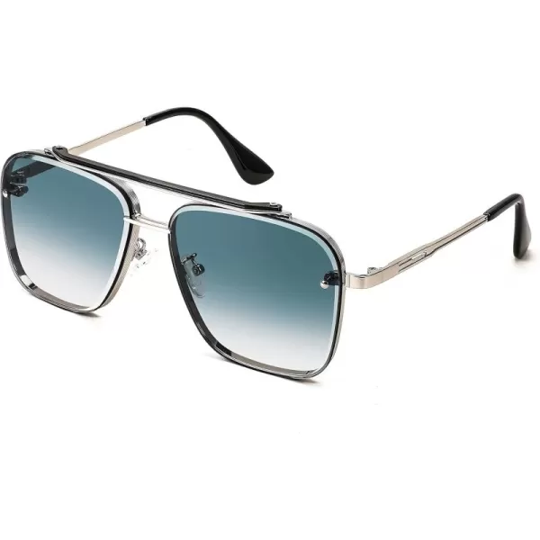 FEISEDY Sunglasses Fashion Square Pilot Sunglasses Vintage Metal Gradient Glasses for Men and Women B4104Sliver FrameBlue Lens