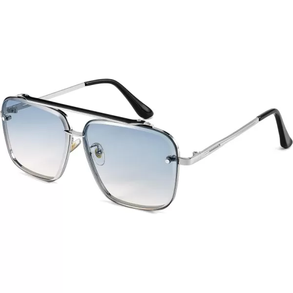 FEISEDY Sunglasses Fashion Square Pilot Sunglasses Vintage Metal Gradient Glasses for Men and Women B4104Sliver FrameGradient Blue Lens
