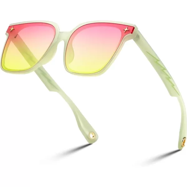 FEISEDY Trendy Oversized Sunglasses Women Shiny Square Vintage Cute Simple Men Sun Glasses UV400 B0131Transparent Light Green Frame  Pink Yellow Lens