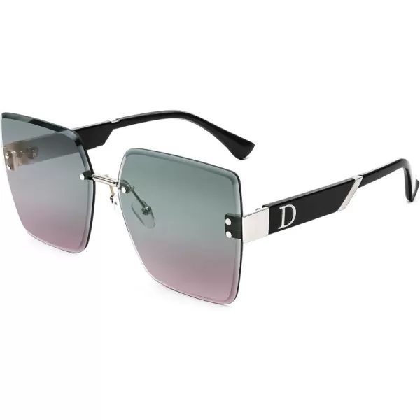 FEISEDY Trendy Square Rimless Sunglasses for Women Oversized Designer Style UV Protection Fashion Rectangle Glasses B9064Green Pink