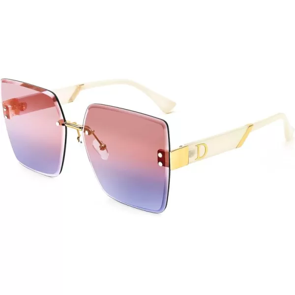 FEISEDY Trendy Square Rimless Sunglasses for Women Oversized Designer Style UV Protection Fashion Rectangle Glasses B9064Red Blue
