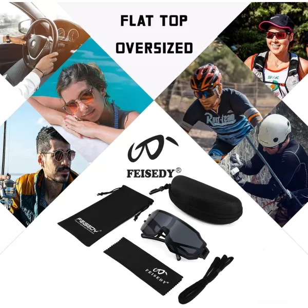 FEISEDY Sports Cycling Glasses Men Fashion Mirrored Bicycle Sunglasses One Piece Rimless Lens B2867001 Black  Black Grey Lens