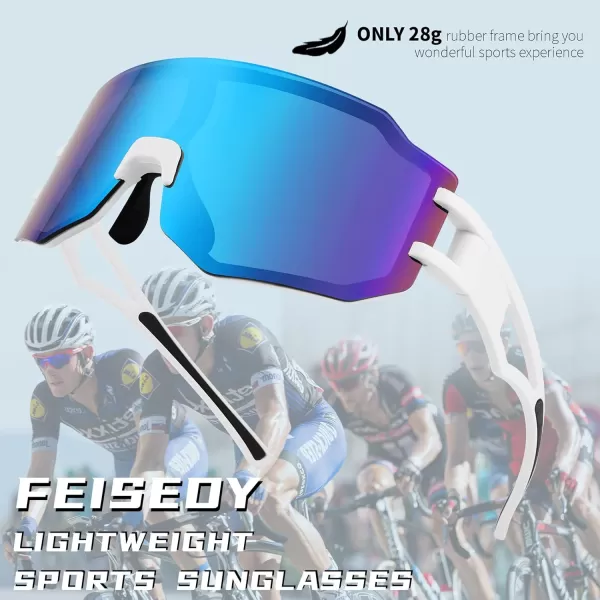 FEISEDY Sports Cycling Glasses Men Fashion Mirrored Bicycle Sunglasses One Piece Rimless Lens B2867002 White  Blue Mirrored Lens