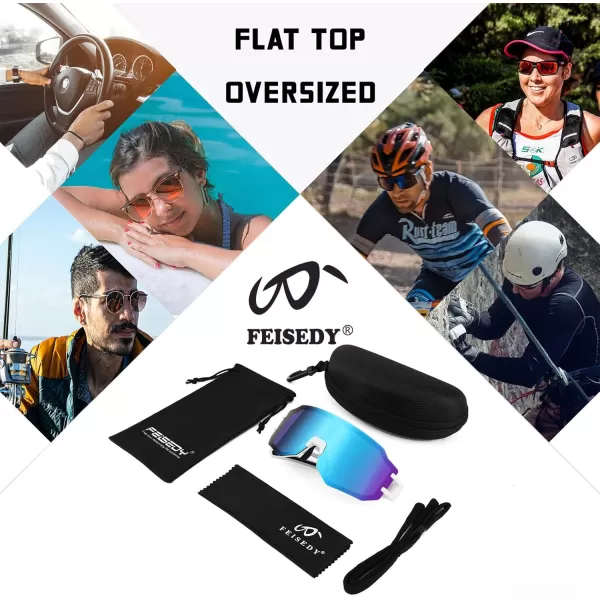 FEISEDY Sports Cycling Glasses Men Fashion Mirrored Bicycle Sunglasses One Piece Rimless Lens B2867002 White  Blue Mirrored Lens