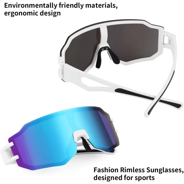 FEISEDY Sports Cycling Glasses Men Fashion Mirrored Bicycle Sunglasses One Piece Rimless Lens B2867002 White  Blue Mirrored Lens