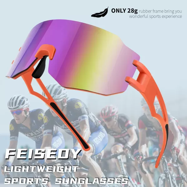 FEISEDY Sports Cycling Glasses Men Fashion Mirrored Bicycle Sunglasses One Piece Rimless Lens B2867003 Orange  Purple Mirrored Lens