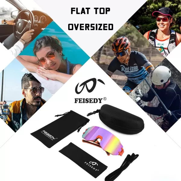 FEISEDY Sports Cycling Glasses Men Fashion Mirrored Bicycle Sunglasses One Piece Rimless Lens B2867003 Orange  Purple Mirrored Lens