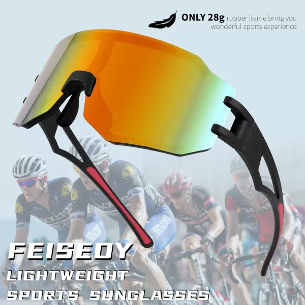 FEISEDY Sports Cycling Glasses Men Fashion Mirrored Bicycle Sunglasses One Piece Rimless Lens B2867004 Black  Red Mirrored Lens