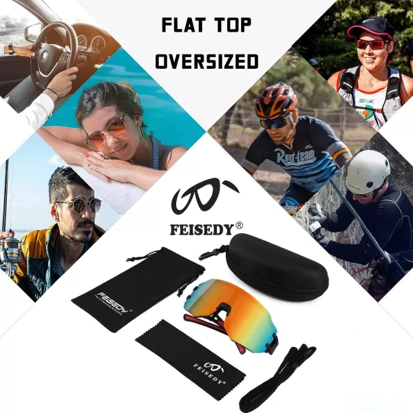 FEISEDY Sports Cycling Glasses Men Fashion Mirrored Bicycle Sunglasses One Piece Rimless Lens B2867004 Black  Red Mirrored Lens