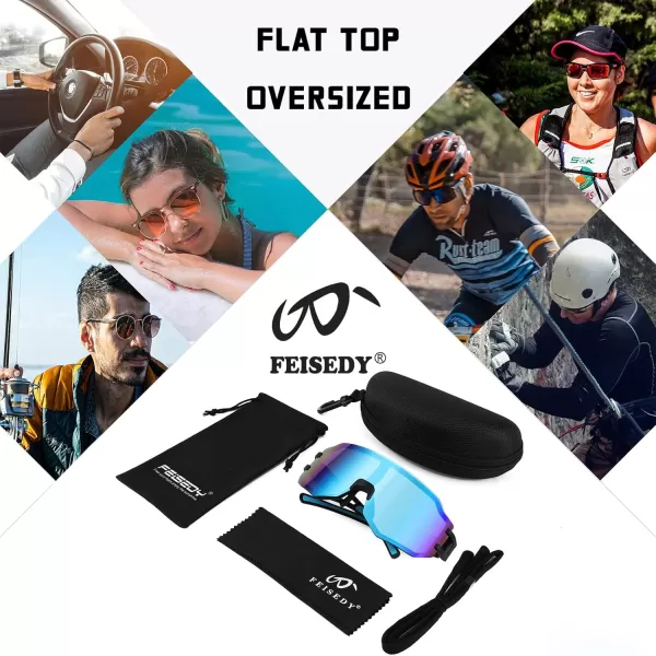 FEISEDY Sports Cycling Glasses Men Fashion Mirrored Bicycle Sunglasses One Piece Rimless Lens B2867005 Black  Blue Mirrored Lens