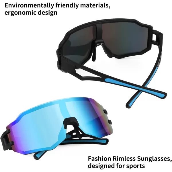 FEISEDY Sports Cycling Glasses Men Fashion Mirrored Bicycle Sunglasses One Piece Rimless Lens B2867005 Black  Blue Mirrored Lens