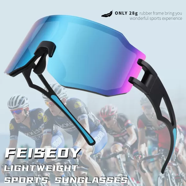 FEISEDY Sports Cycling Glasses Men Fashion Mirrored Bicycle Sunglasses One Piece Rimless Lens B2867005 Black  Blue Mirrored Lens