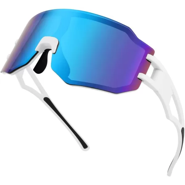 FEISEDY Sports Cycling Glasses Men Fashion Mirrored Bicycle Sunglasses One Piece Rimless Lens B2867002 White  Blue Mirrored Lens