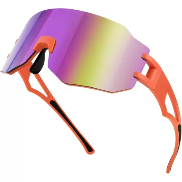 FEISEDY Sports Cycling Glasses Men Fashion Mirrored Bicycle Sunglasses One Piece Rimless Lens B2867003 Orange  Purple Mirrored Lens