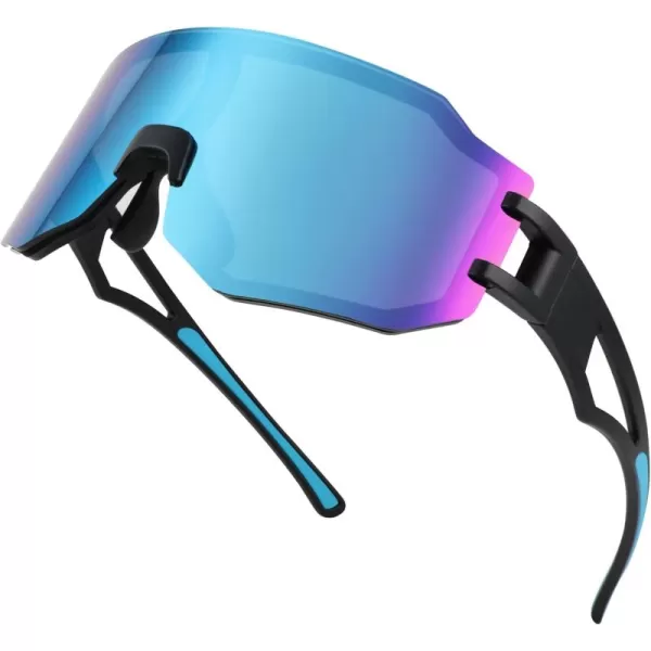 FEISEDY Sports Cycling Glasses Men Fashion Mirrored Bicycle Sunglasses One Piece Rimless Lens B2867005 Black  Blue Mirrored Lens