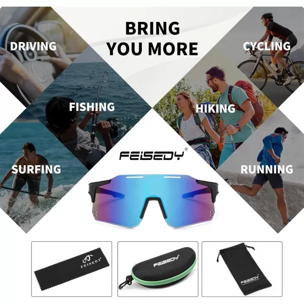 FEISEDY Cycling Glasses Sports Sunglasses for Men Women Youth Kids Baseball Softball Running Sunglasses B0223Black Frame Blue Mirrored Lens