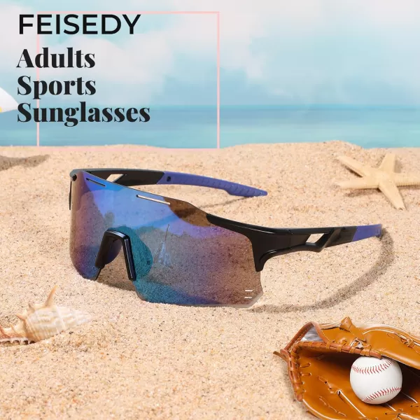 FEISEDY Cycling Glasses Sports Sunglasses for Men Women Youth Kids Baseball Softball Running Sunglasses B0223Black Frame Blue Mirrored Lens
