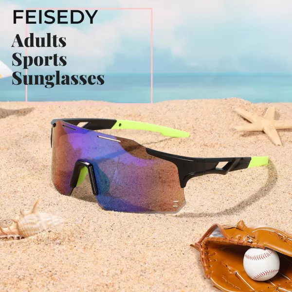 FEISEDY Cycling Glasses Sports Sunglasses for Men Women Youth Kids Baseball Softball Running Sunglasses B0223Black Frame Green Mirrored Lens