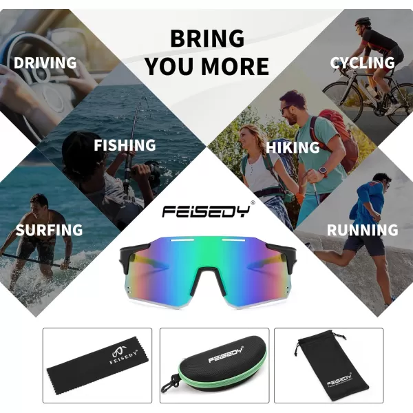 FEISEDY Cycling Glasses Sports Sunglasses for Men Women Youth Kids Baseball Softball Running Sunglasses B0223Black Frame Green Mirrored Lens