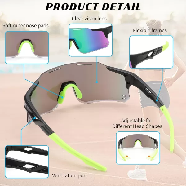 FEISEDY Cycling Glasses Sports Sunglasses for Men Women Youth Kids Baseball Softball Running Sunglasses B0223Black Frame Green Mirrored Lens