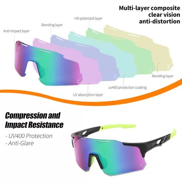 FEISEDY Cycling Glasses Sports Sunglasses for Men Women Youth Kids Baseball Softball Running Sunglasses B0223Black Frame Green Mirrored Lens