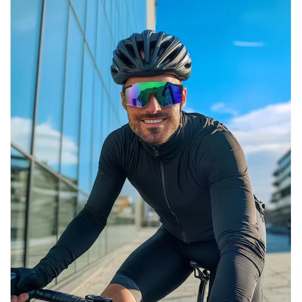 FEISEDY Cycling Glasses Sports Sunglasses for Men Women Youth Kids Baseball Softball Running Sunglasses B0223Black Frame Green Mirrored Lens