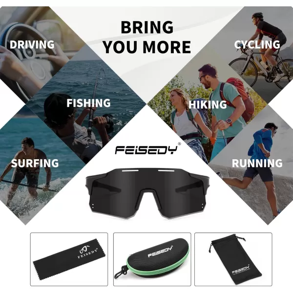 FEISEDY Cycling Glasses Sports Sunglasses for Men Women Youth Kids Baseball Softball Running Sunglasses B0223Black Frame Grey Lens