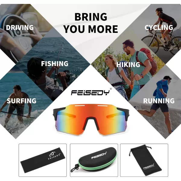 FEISEDY Cycling Glasses Sports Sunglasses for Men Women Youth Kids Baseball Softball Running Sunglasses B0223Black Frame Red Mirrored Lens
