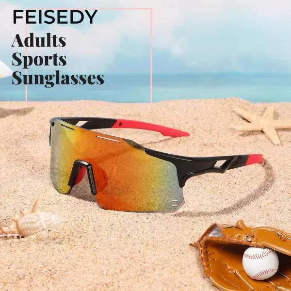 FEISEDY Cycling Glasses Sports Sunglasses for Men Women Youth Kids Baseball Softball Running Sunglasses B0223Black Frame Red Mirrored Lens