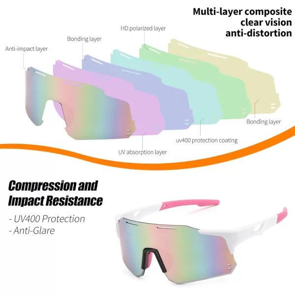 FEISEDY Cycling Glasses Sports Sunglasses for Men Women Youth Kids Baseball Softball Running Sunglasses B0223White Frame Pink Mirrored Lens