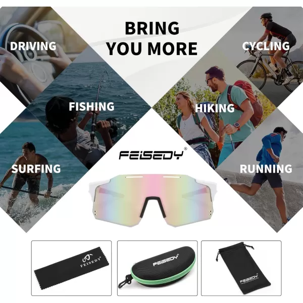 FEISEDY Cycling Glasses Sports Sunglasses for Men Women Youth Kids Baseball Softball Running Sunglasses B0223White Frame Pink Mirrored Lens