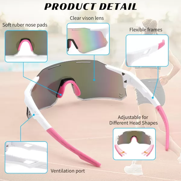 FEISEDY Cycling Glasses Sports Sunglasses for Men Women Youth Kids Baseball Softball Running Sunglasses B0223White Frame Pink Mirrored Lens
